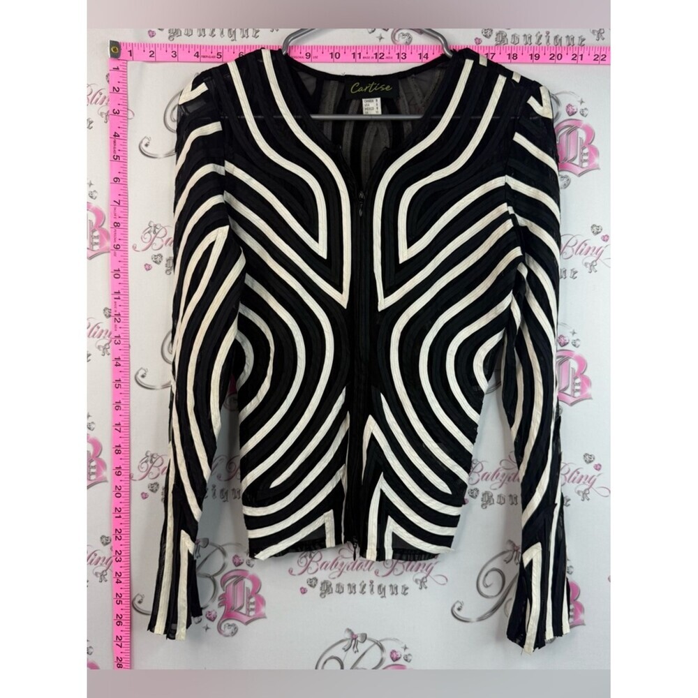 Cartise zip up long sleeve swirl shirt Black Sheer Striped Top cardigan zip